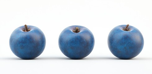 Wall Mural - Three dark blue round fruits arranged in a row on a white background. They appear to have a slightly textured surface