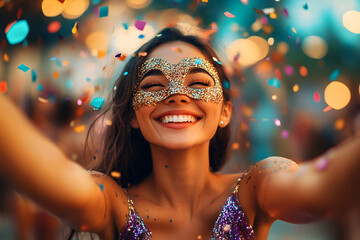 Wall Mural - Cheerful young woman in glitter mask celebrates joyfully amidst colorful confetti, Mardi Gras