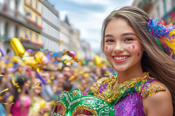 Wall Mural - Young hispanic woman celebrating at colorful carnival with mask and confetti, Mardi Gras