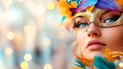 Wall Mural - Colorful masquerade close-up: young caucasian female in glitter mask with vibrant feathers, Mardi Gras