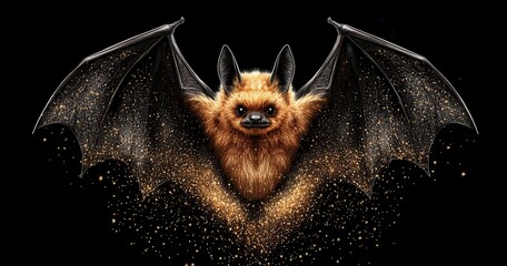 Wall Mural - A small bat with golden sparkles, wings spread wide against a black background. Intricate detail, magical feel