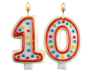 colorful 3d festive candle for birthday cake in the shape of the number 10  on the white background