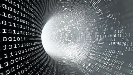 Poster - Binary Tunnel: An abstract, futuristic tunnel made entirely of binary code, shimmering with an ethereal white light at the end. This high-tech design conveys the concepts of data flow, digital space.