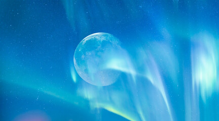 Wall Mural - northern lights (aurora borealis) in the sky with full moon 
