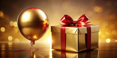 Wall Mural - A Golden Gift Box with a Red Bow and a Metallic Balloon