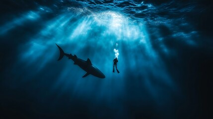 diver encounters a large tiger shark underwater