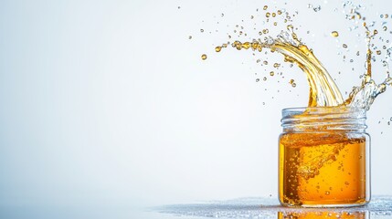 Poster - Vivid splashes of liquid honey erupt from a clear jar, creating a dynamic visual display. The background is bright and simple, enhancing the movement and texture of the honey droplets.