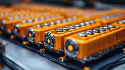 Wall Mural - Close-up of vibrant orange battery packs connected on a production line, showcasing advanced technology