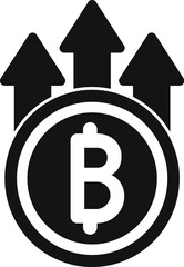 Wall Mural - bitcoin value increasing, represented by upward arrows over coin, symbolizing growth and investment 