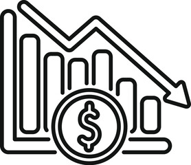 Wall Mural - simple vector icon representing decreasing trend in financial markets, with dollar coin and bar grap