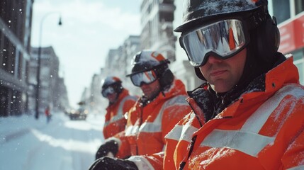 Wall Mural - A group of men dressed in orange jackets standing in snowy terrain, perfect for winter scenes and outdoor activities