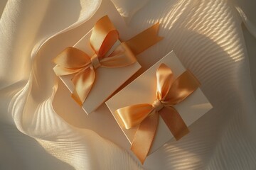 Canvas Print - Gift boxes with orange bows on a white cloth, suitable for birthday or thank you presents