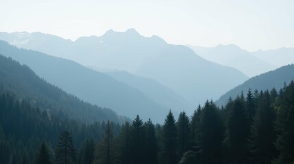  Serene Mountain Landscape with Misty Valleys and Pine Trees