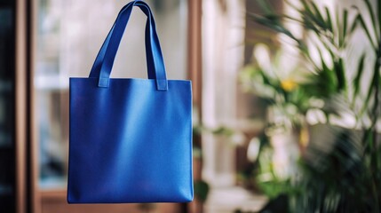 Sticker - A blue tote bag hangs from a door with a casual, everyday scene in mind