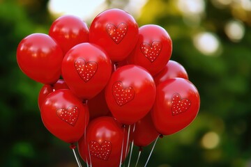 Canvas Print - A bouquet of red balloons featuring heart-shaped designs, often used as a symbol of love and affection