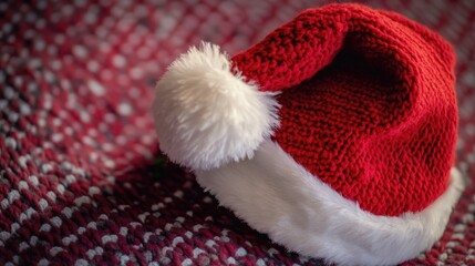 Poster - A red and white knitted hat with a white pom pom, perfect for winter or holiday scenes