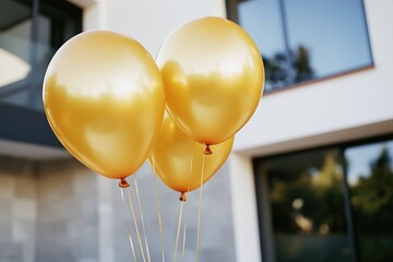 Wall Mural - A bunch of gold balloons tied to the front of a building, often used for celebrations and events