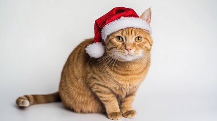 Canvas Print - A domestic cat wears a festive Santa hat while sitting on a white background