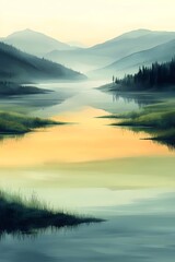 Wall Mural - A serene landscape showcasing misty mountains and a tranquil river at dawn, reflecting soft hues of orange and yellow, surrounded by lush greenery.