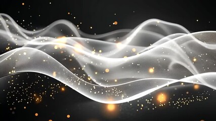 Leinwandbilder - Abstract Lightwaves: Elegant, flowing white lightwaves dance across a dark background, adorned with shimmering golden particles, creating a mesmerizing and ethereal effect.