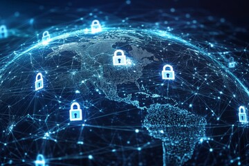 global network security, digital locks protect data, worldwide connection, futuristic background, cy
