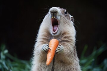 Wall Mural - A close-up of a ground squirrel holding a carrot in its mouth, often used for nature and wildlife photography