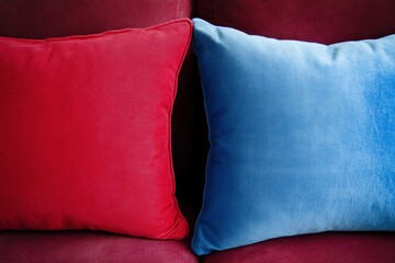 Wall Mural - Colorful contrast displayed on a sofa with red and blue pillows enhancing the home decor. Generative AI