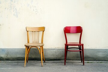 Wall Mural - Two distinct chairs with different styles placed side by side against a textured wall in a calm setting. Generative AI