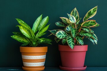 Two unique houseplants in terracotta pots against a dark green background. Generative AI