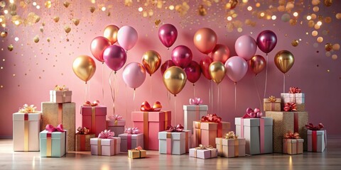 Wall Mural - Festive Celebration Scene with Pink and Gold Balloons and Wrapped Presents