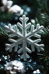 Canvas Print - A silver snowflake sits atop a Christmas tree, adding sparkle and festive flair