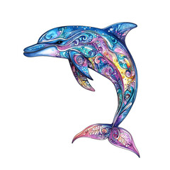 vibrant, ornate dolphin leaping in a whimsical design
