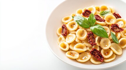 a serving of orecchiette with sun-dried tomatoes, regional italian recipe, hand-drawn illustration, 