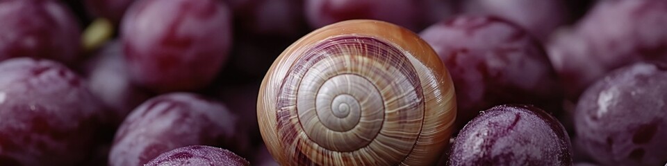 Wall Mural - Snail shell resting on a pile of grapes