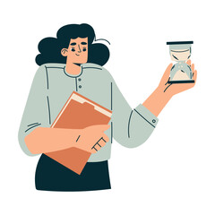 Aufkleber - Time Management with Woman Character with Hourglass Organizing Efficient Business Process Vector Illustration