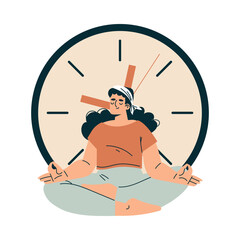 Wall Mural - Time Management with Woman Character in Meditation Pose Organizing Efficient Business Process Vector Illustration