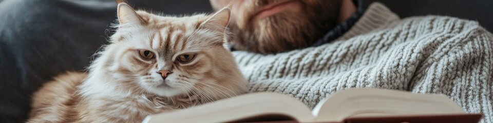 Canvas Print - A person sitting with a book and a cat, enjoying quiet time together