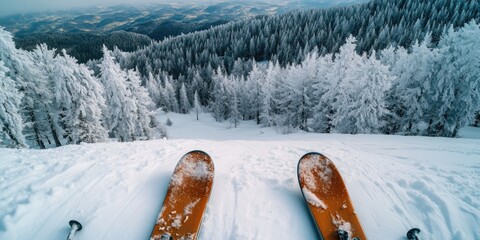 Wall Mural - A pair of skis sitting on top of a snow-covered slope, ready for use