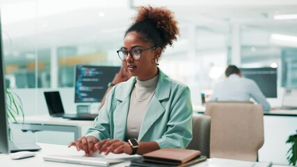 Fototapete - Woman, software developer or design with computer for app development or coding at office desk. Female person, programmer or coder with glasses or technology for UI, UX or AI programming at workplace