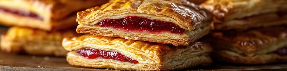 Wall Mural - Freshly baked pastries with jam on display in a bakery or cafe