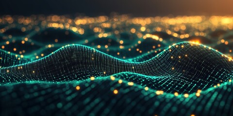 Wall Mural - visual representation of digital waves with glowing particles in a futuristic landscape at dusk