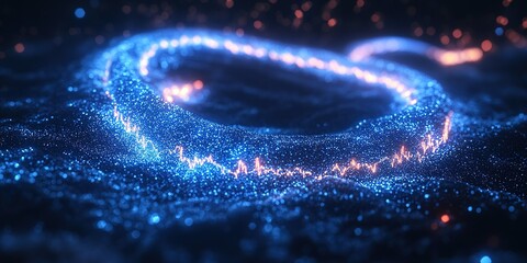 Wall Mural - visual representation of a glowing data wave undulating through a dark digital landscape at night