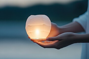 Wall Mural - close-up of hands lighting paper lantern during traditional festival with soft glowing light filling