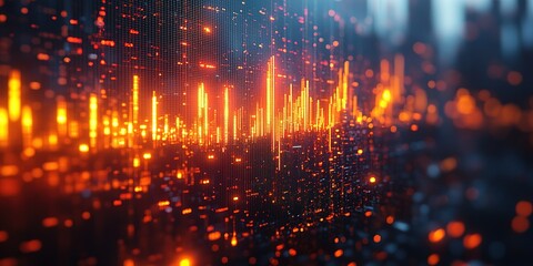 Wall Mural - vibrant data visualization showcases sound waves and digital signals in a modern cityscape at dusk
