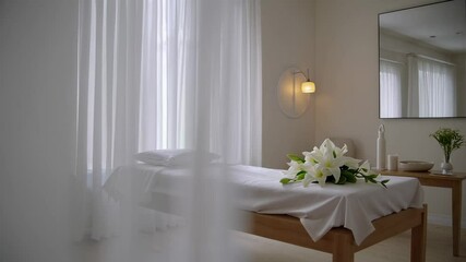 Poster - White curtains gently unveil a pristine spa room, revealing a massage table adorned with fresh lilies and soft lighting, creating a tranquil and inviting atmosphere in slow motion