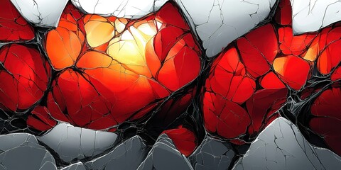 Wall Mural - abstract red and white textured surface resembling cracks on colorful glowing material in a creative