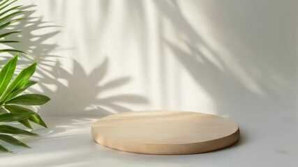 Aufkleber - Wooden round podium gently rotating, casting tropical plant shadow on pristine white background, creating minimalist product presentation surface with natural lighting