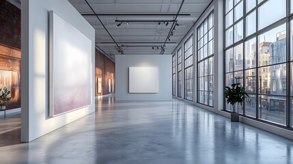 Aufkleber - Modern Art Gallery Interior with Paintings and Large Windows