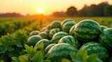 Golden Hour Harvest Ripe Watermelons Resting in a Lush Field at Sunset