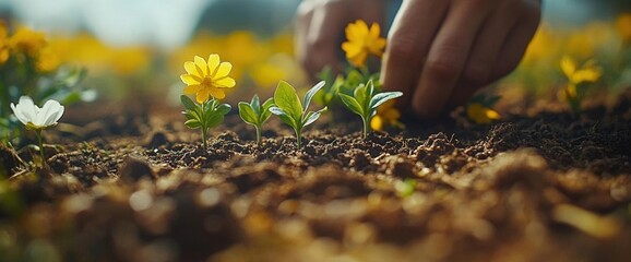 Wall Mural - Hands Planting Yellow and White Flowers in Brown Soil